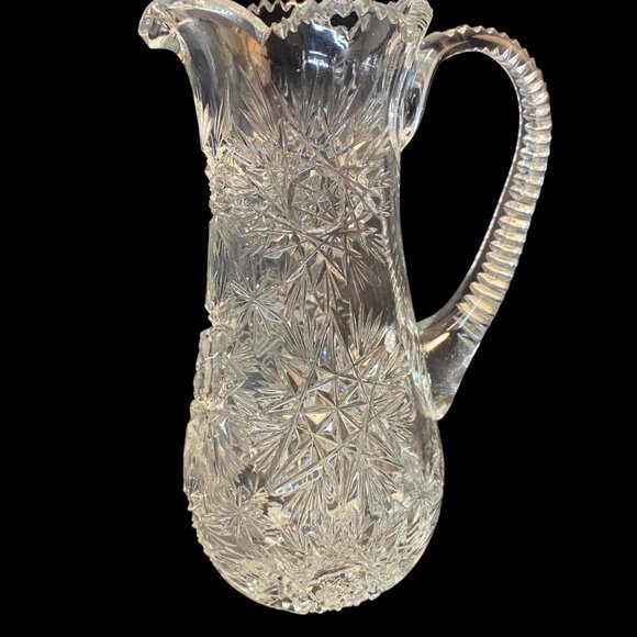 Vintage Cut Crystal Glass Pitcher Intricate Starburst Design & Ribbed Handle - Picture 11 of 13
